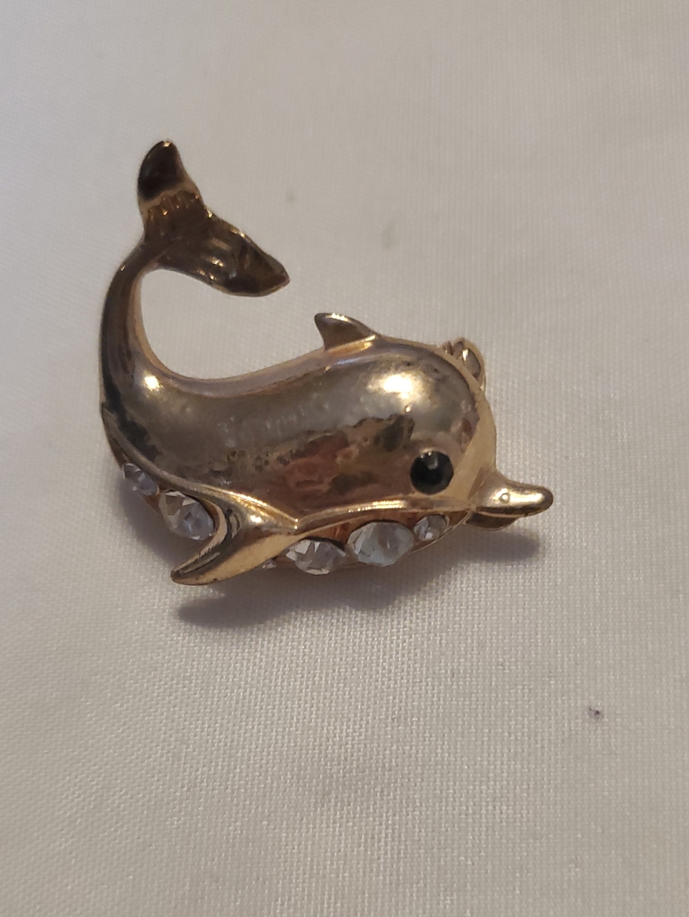 Gold Dolphin Brooch with Clear Rhinestones